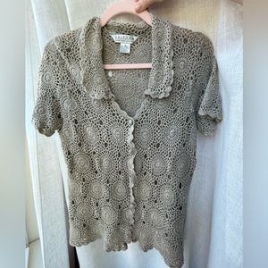 Crochet Eyelet Cardigan Short Sleeve Collard Cotton Tan Medium Vintage 90s Y2K